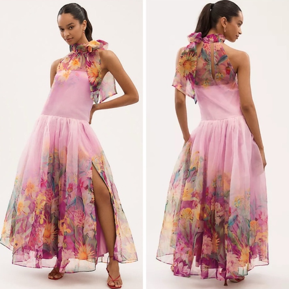 Anthropologie‎ BHLDN Kendall High Neck Scarf Floral Organza Maxi Dress Pink M